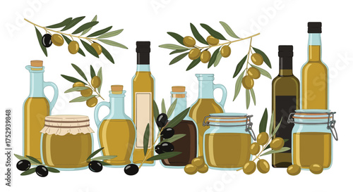 A selection of golden olive oil in glass bottles and jars with fresh olives and leaves.