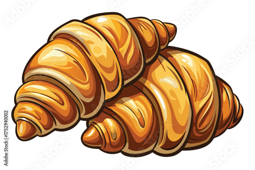 Two delicious golden croissants are placed in a tempting arrangement on the white background