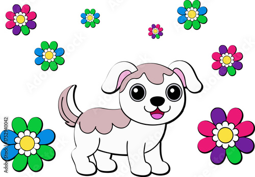 Cute Puppy with Rainbow and Flowers Coloring Page