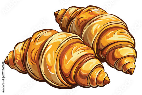 Two golden croissants are freshly baked and resting side by side on a white surface