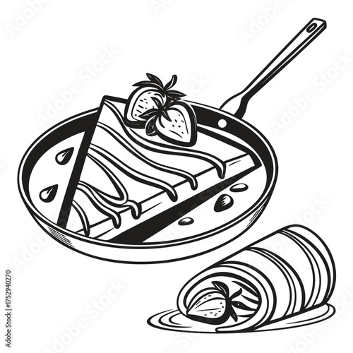 Pancakes reside within a pan and one roll rests on a plate for later