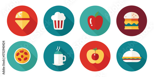 Vibrant flat icons depict diverse food items over colorful circular backgrounds
