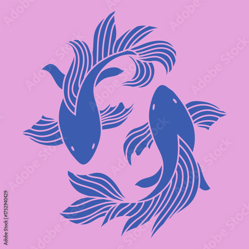 Original illustration of a koi fish, carp in blue and pink colors, Chinese new year, Asian festives. Graceful background, print, design, vector template