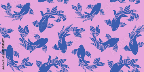 Original seamless pattern of a koi fish, carp in blue and pink colors, Chinese new year, Asian festives. Graceful background, wrapping paper, fabric swatch