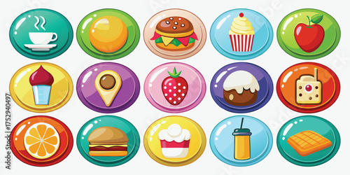 Cartoon assorted delicious food icons present various culinary items within colorful circular badges for playful visuals