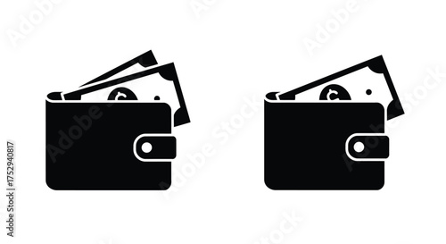 Simple black and white illustration of two open wallets with money