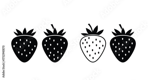 Four simple black and white strawberry illustrations in a row