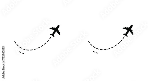 Two airplanes flying along curved dashed paths in a white background