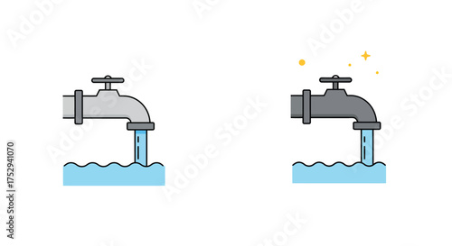 Two water taps with flowing water depicted in a simple vector style