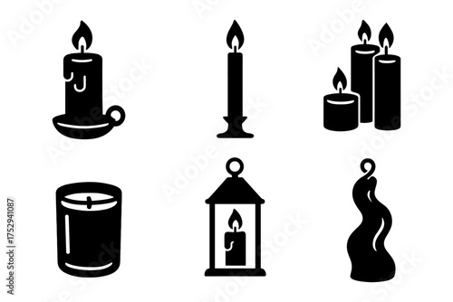 Candle silhouette icons ,pillar, taper, trio, jar candle, lantern, twisted wax