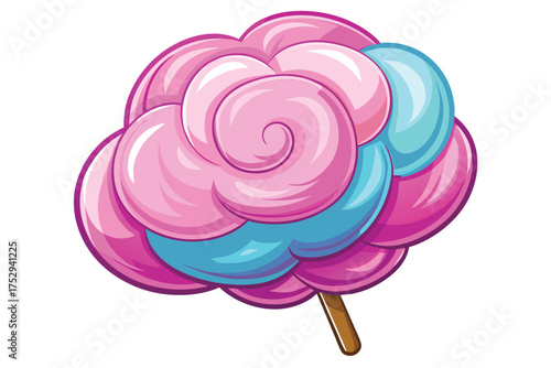 Cartoon style cotton candy features pink and blue swirls attached to a stick