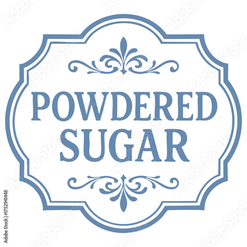 powdered sugar label in vintage blue frame with floral ornaments and serif letters on white background, vector illustration, concept of pantry label, kitchen storage, baking ingredient