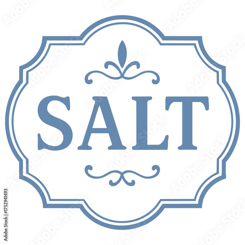 salt label in vintage blue frame with floral ornaments and serif letters on white background, vector illustration, concept of kitchen label, food storage, pantry container