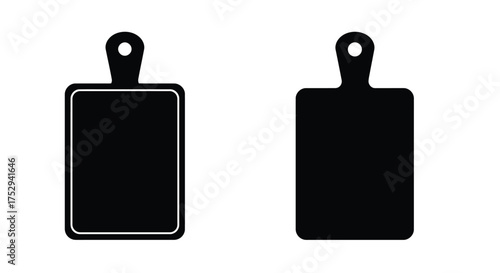 Simple illustration of two black cutting boards with hanging loops displayed