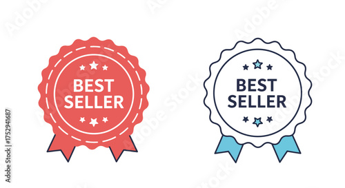 Two best seller badges in red and blue with ribbon details