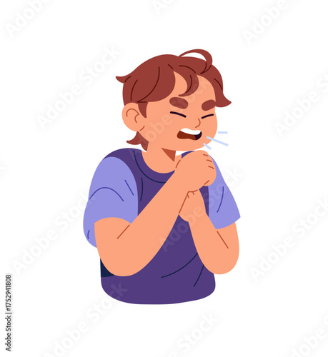 Kid is ill, suffers from sore throat and cough. Little boy is sick, feels unwell, sneezes into fist. Child with symptoms of flu, influenza, cold. Flat isolated vector illustration on white background