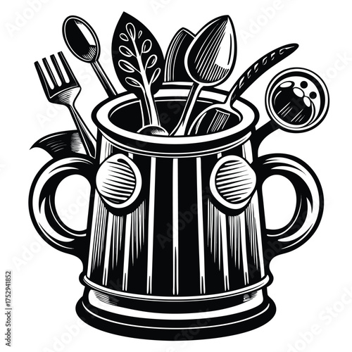 Black and white illustration shows kitchenware utensils placed inside a vase prominently featured