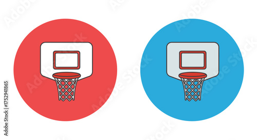 Two basketball hoops presented in simple colorful circular graphic designs
