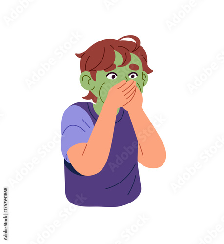 Little boy with sickness, food poisoning. Ill kid is vomiting due stomach upset, digestive disorder. Green child suffers from nausea, indigestion. Flat isolated vector illustration on white background