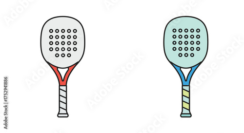 Two colorful padel rackets with perforated surfaces are displayed side by side