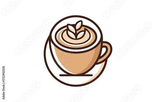 An isolated cappuccino cup with leaf art sitting atop a matching saucer illustration