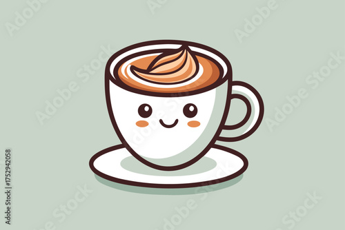 A cute white coffee cup with creamy coffee smiles on a saucer