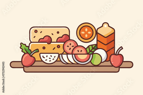 Cartoon food stack showcases watermelon, cheese, orange slice, milk, and two apples together