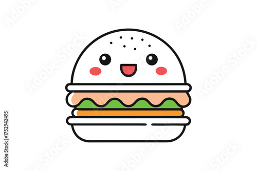 Cute cartoon burger with smiling face and rosy cheeks shows simple lines