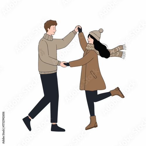 Cute Line Art Dancing Couple Illustration Winter Season Activity