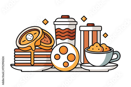 Pancakes with drizzled syrup, coffee cups, and cookies create a cozy breakfast scene