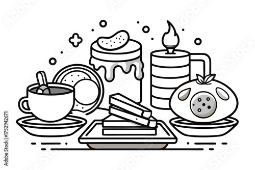 Stylized contour depiction reveals cup, cake, pancake, and french toast arrangement on plates