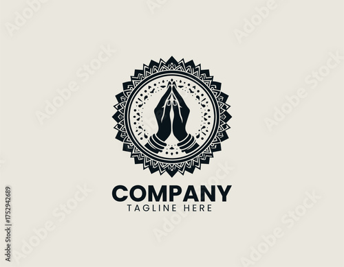 Circular line art vector illustration of traditional Namaste hands gesture surrounded by decorative mandala border. Spiritual design concept