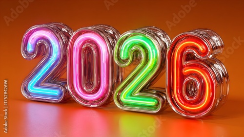Wallpaper Mural Sparkling neon 3D “2026” numbers in multicolor glow set against a rich orange background for a festive look Torontodigital.ca