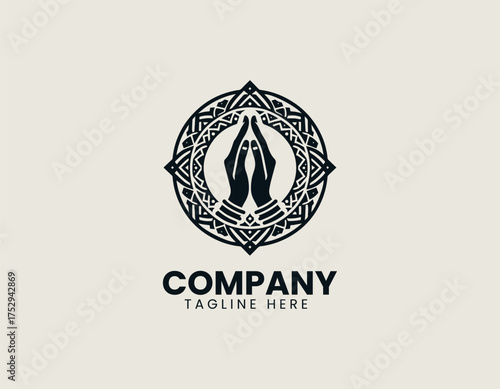 Circular line art vector illustration of traditional Namaste hands gesture surrounded by decorative mandala border. Spiritual design concept