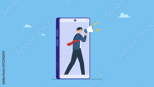 Businessman telling promotion on megaphone appearing from mobile smartphone. Mobile marketing, digital strategy using influencer or advertising with social media app targeting user smartphone.