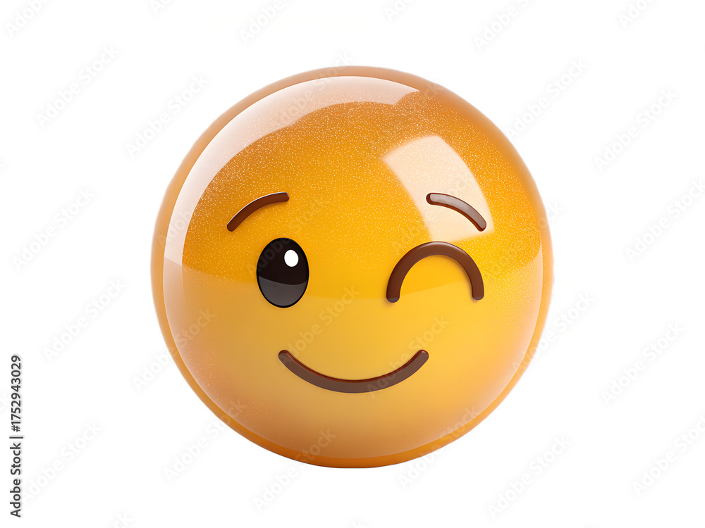 Fototapeta premium A single yellow winking emoji with a closed eye and a smile on a white background in a studio shot