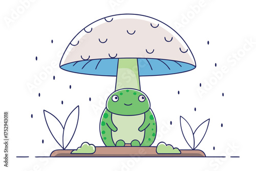 Cartoon green frog sits happily beneath a mushroom in a simple, minimalist outline style