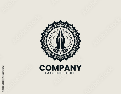 Circular line art vector illustration of traditional Namaste hands gesture surrounded by decorative mandala border. Spiritual design concept