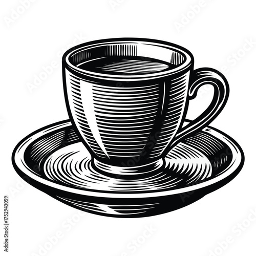 Stylized monochromatic rendering shows a coffee cup filled with steaming liquid sitting on its saucer