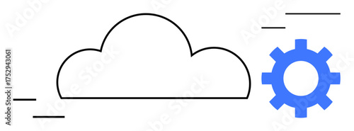 Cloud outline paired with a blue gear icon and dynamic lines suggesting motion. Ideal for tech, connectivity, innovation, systems, process, management, computing, simple flat metaphor