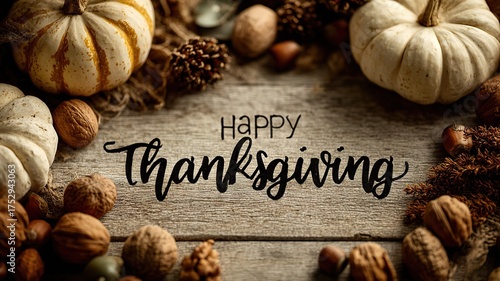 “Happy Thanksgiving” text in elegant script with pumpkins and nuts | Warm wooden background with cozy lighting, perfect for holiday cards and social media design