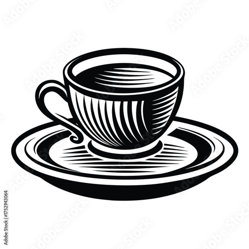Stylized woodcut style showcases a coffee cup with a saucer in monochromatic black ink