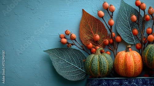 Autumn background with pumpkins and colorful leaves on light blue table | Top view flat lay design with copy space, perfect for seasonal advertising and festive visuals