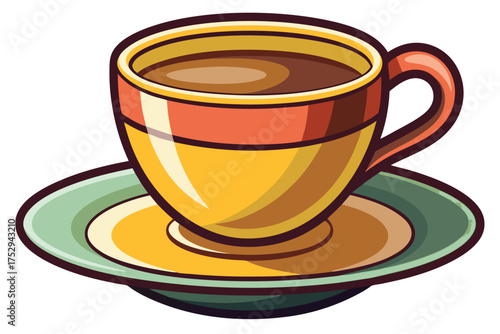 Stylish yellow teacup featuring dark liquid sits atop a matching green saucer gracefully