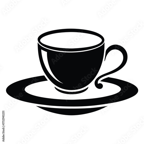 Isolated teacup silhouette resting gracefully upon the matching saucer in simple black artwork