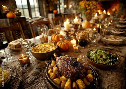 Overhead View of Family Autumn Dinner Table with Lamb Shank, Spiced Potatoes, Corn, Salad, and Apple Pie | Festive Decorations, Cozy Lighting for Holiday Advertising, Social Media, and Menu Design