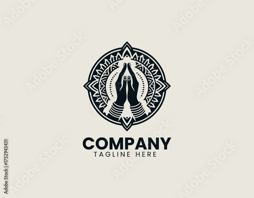 Circular line art vector illustration of traditional Namaste hands gesture surrounded by decorative mandala border. Spiritual design concept