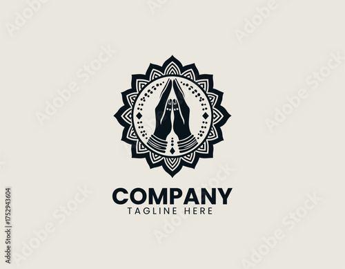 Circular line art vector illustration of traditional Namaste hands gesture surrounded by decorative mandala border. Spiritual design concept