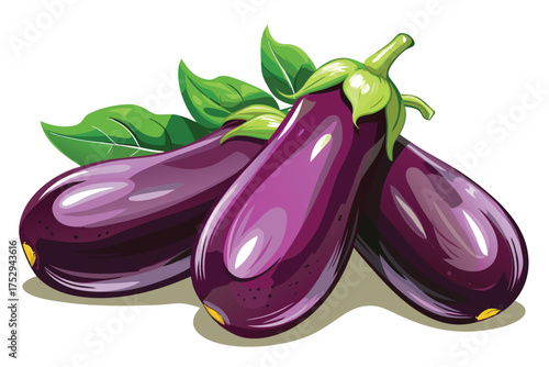 Three glossy purple eggplants rest with green leaves on a clean white surface