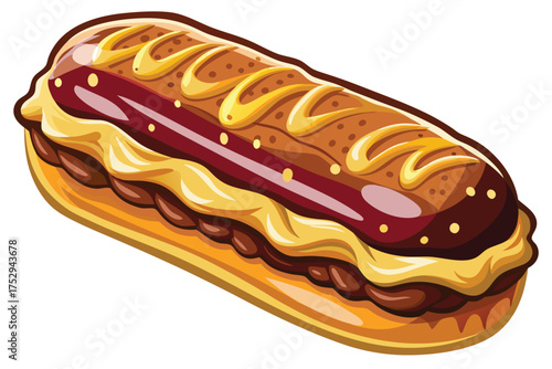 Delicious eclair shines with glaze and filling, promising a sweet, rich treat